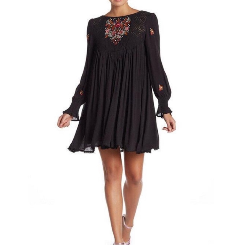Free People Black Mohave Embroidered Long Sleeve Mini Dress. Size XS.